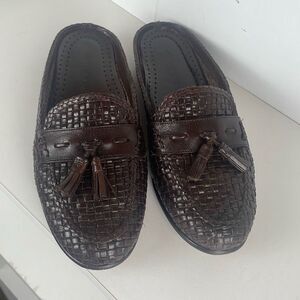 Woven Leather Tassel Mule Slide Slip On Backless Loafers Brown 7